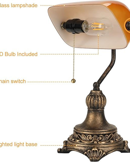 Bankers Lamp with Pull Switch, Amber Glass Desk Lamp with Retro Black/Gold Finish, Vintage Table Lamps for Living Room, Home Office, Library, Piano LED Bulb Included (Amber) - LeafyLoom