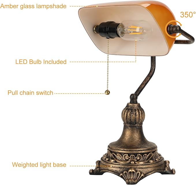 Bankers Lamp with Pull Switch, Amber Glass Desk Lamp with Retro Black/Gold Finish, Vintage Table Lamps for Living Room, Home Office, Library, Piano LED Bulb Included (Amber) - LeafyLoom