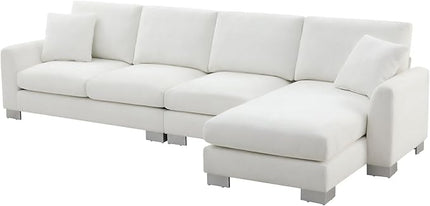 119" Sectional Sofa, L-Shaped Couch Set with 2 Free Pillows and Chaise, 5-seat Chenille Indoor Furniture for Living Room, Apartment, Office, 119inch, White - LeafyLoom