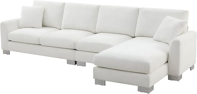 119" Sectional Sofa, L-Shaped Couch Set with 2 Free Pillows and Chaise, 5-seat Chenille Indoor Furniture for Living Room, Apartment, Office, 119inch, White - LeafyLoom
