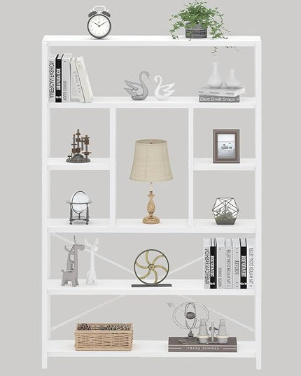 LVB 6 Tier Tall White Bookshelf, Big Metal Wooden Book Shelves Storage, Modern Large Bookcases and Bookshelves 6 Shelf, Farmhouse Open Vertical Display Book Shelf for Bedroom Living Room Office, White - LeafyLoom
