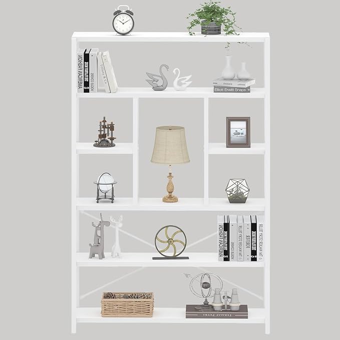 LVB 6 Tier Tall White Bookshelf, Big Metal Wooden Book Shelves Storage, Modern Large Bookcases and Bookshelves 6 Shelf, Farmhouse Open Vertical Display Book Shelf for Bedroom Living Room Office, White - LeafyLoom