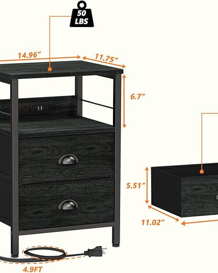 Furologee Nightstand Set of 2, Black Oak, with Charging Station and USB Ports, Side Tables with 2 Fabric Drawers, Bedside Tables with Storage Shelf & Hooks, for Living Room/Bedroom - LeafyLoom