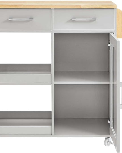 Modway Culinary Rolling Kitchen Cart with Storage in Light Gray Natural - 3 Tiers Kitchen Island on Wheels with Spice Rack, Functional as a Coffee Station, Bar Cabinet or Butcher Block Island - LeafyLoom