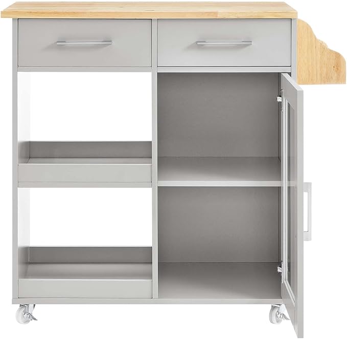Modway Culinary Rolling Kitchen Cart with Storage in Light Gray Natural - 3 Tiers Kitchen Island on Wheels with Spice Rack, Functional as a Coffee Station, Bar Cabinet or Butcher Block Island - LeafyLoom