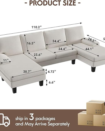 Sectional Couch Living Room Sets Chenille Fabric U-Shaped Sofa with Double Chaises, White - LeafyLoom