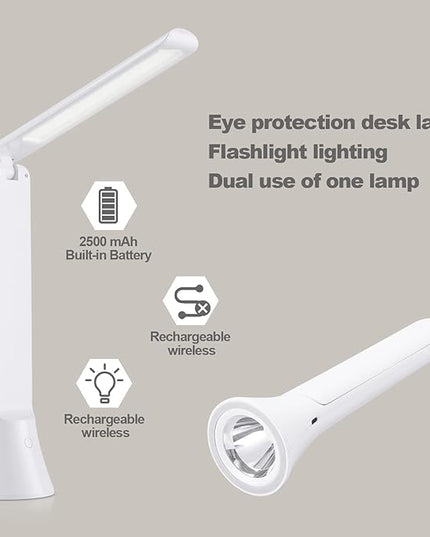 Rechargeable Desk Lamp, Foldable Portable Battery Operated Desk Lamp for Home Office, 2500mAh Cordless LED Desk Lamp with Flashlight Function, Eye Protection Study Lamp (White) - LeafyLoom