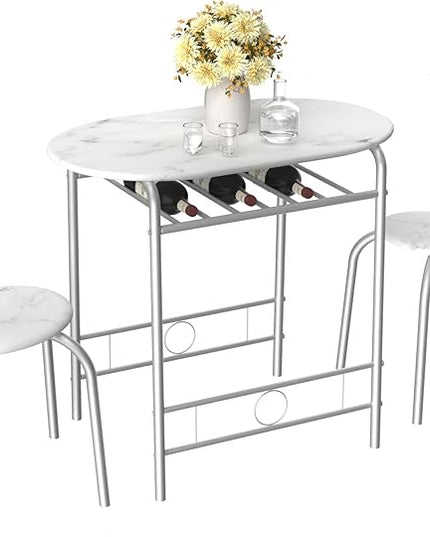 VECELO 3-Piece Dining Table Set for Kitchen Breakfast Nook, Wood Grain Oval Tabletop and Metal Frame with Built-in Wine Rack, for Small Spaces, 31.5", White & Silver - LeafyLoom