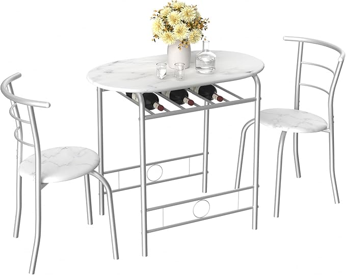 VECELO 3-Piece Dining Table Set for Kitchen Breakfast Nook, Wood Grain Oval Tabletop and Metal Frame with Built-in Wine Rack, for Small Spaces, 31.5", White & Silver - LeafyLoom