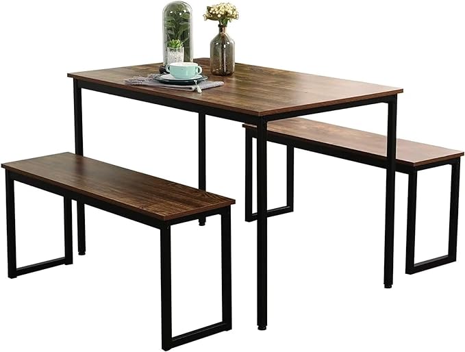 SDHYL Dining Table Set, 45in Dining Table Sets with 2 Benches, Dining Room Table Set for 3, Small Rectangular Wood Dining Table with 2 Bench Chairs/3 Piece Set for Home, Kitchen, Dining Room, Vintage - LeafyLoom