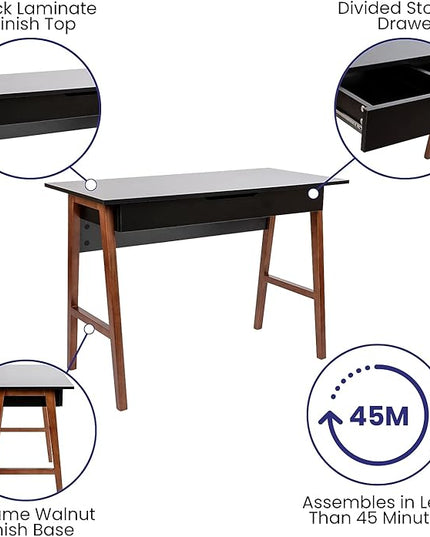 Flash Furniture Darla Computer Desk - Black Home Office Desk with Storage Drawer - 42" Long Writing Desk for Bedroom - LeafyLoom