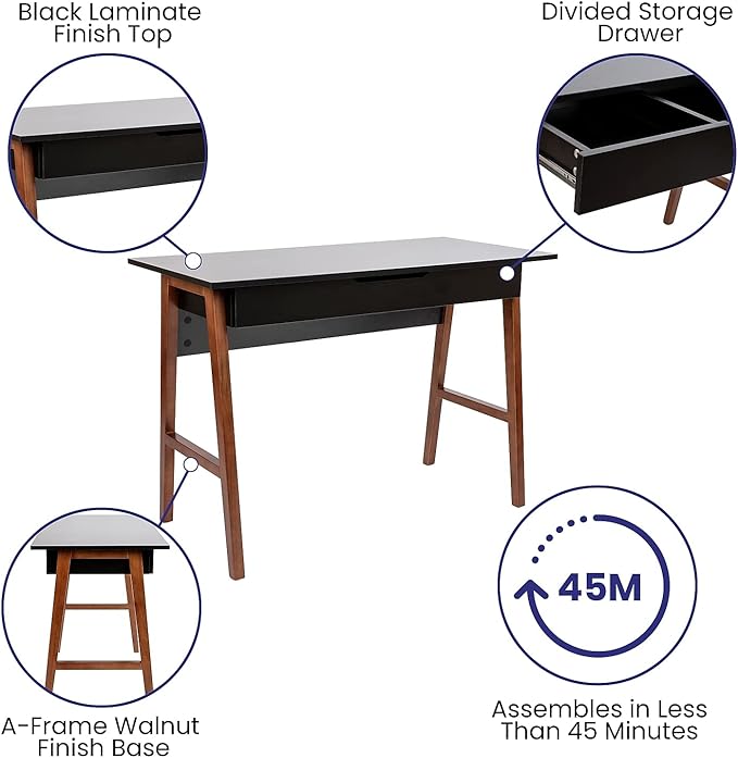 Flash Furniture Darla Computer Desk - Black Home Office Desk with Storage Drawer - 42" Long Writing Desk for Bedroom - LeafyLoom