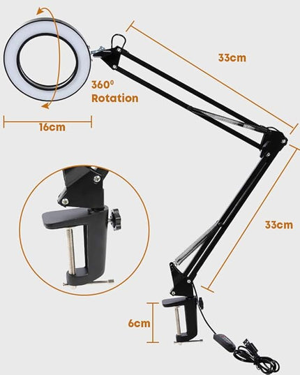 8X Magnifying Glass LED Light with Clamp, 12W Dimmable Magnifier Desk Lamp with 3 Light Colors 10 Brightness, 6.3″ Real Glass Lens, Adjustable Swivel Arm Magnifier Light for Reading Close Work Craft - LeafyLoom