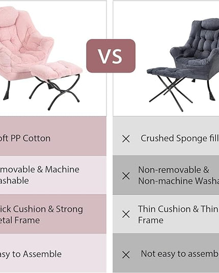 Lazy Chair with Ottoman, Modern Chair with Folding Footrest, Lounge Accent Chair, Comfortable Reading Chair, Oversized Armchairs for Bedroom, Study, Living Room(Plush Pink) - LeafyLoom