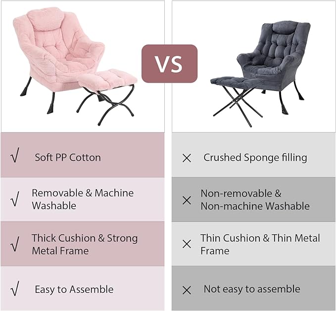 Lazy Chair with Ottoman, Modern Chair with Folding Footrest, Lounge Accent Chair, Comfortable Reading Chair, Oversized Armchairs for Bedroom, Study, Living Room(Plush Pink) - LeafyLoom