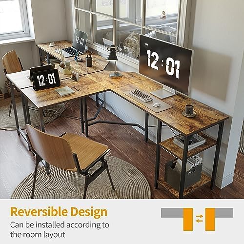 CubiCubi L Shaped Desk, 59.1 Inch Reversible Corner Desk with Storage Shelves, Home Office Desk for Writing Gaming Study, Rustic Brown - LeafyLoom