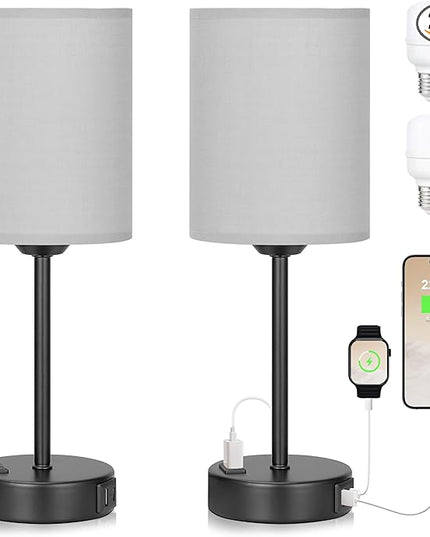 Innqoo Grey Touch Bedroom Lamps Set - 3 Way Dimmable Bedside Lamps with USB C and A Ports and Outlets, Nightstand Lamps with Black Base, Small Lamps for Nursery Office - LeafyLoom