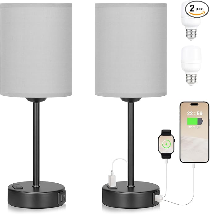Innqoo Grey Touch Bedroom Lamps Set - 3 Way Dimmable Bedside Lamps with USB C and A Ports and Outlets, Nightstand Lamps with Black Base, Small Lamps for Nursery Office - LeafyLoom