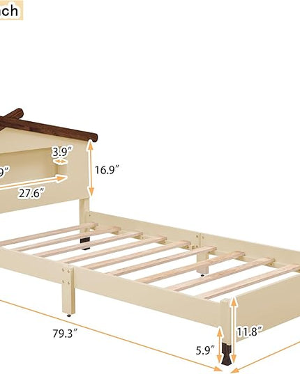 Bellemave Twin Size Cream Wood Kids Bed Frame, House-Shaped Headboard with Motion Activated Night Lights, Sturdy Construction, Easy Assembly, 200 lbs Capacity - LeafyLoom