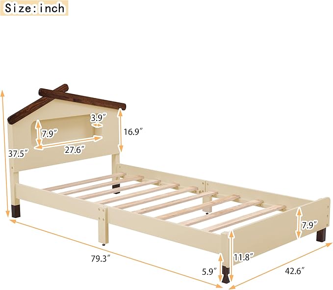 Bellemave Twin Size Cream Wood Kids Bed Frame, House-Shaped Headboard with Motion Activated Night Lights, Sturdy Construction, Easy Assembly, 200 lbs Capacity - LeafyLoom