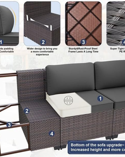 Patio Furniture Set 9-Piece Outdoor Furniture for Backyard Wicker Sectional Sofa Set, Rattan Patio Conversation Set with Thickened Cushions and Glass Coffee Table, Grey - LeafyLoom