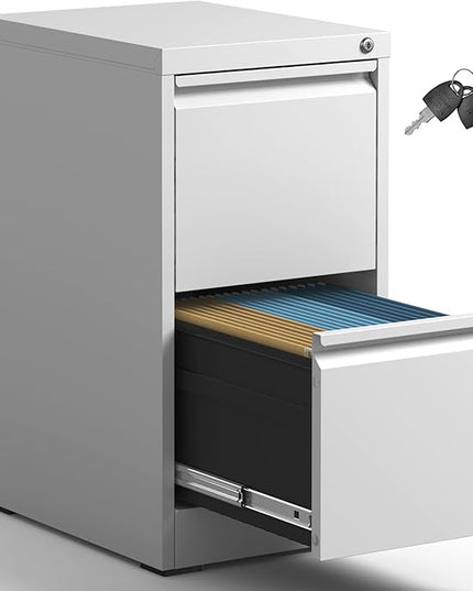 2 Drawer File Cabinet,White Metal Filing Cabinets for Home Office,Vertical File Cabinet with Lock for A4/Letter/Legal Size Files,Assembly Required - LeafyLoom