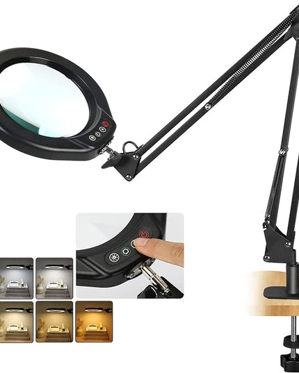 VEEMAGNI 5 Inch Large Magnifying Glass with Light and Stand, 5 Color Modes Stepless Dimmable, Long Swivel Arm LED Clamp Desk Lamp, Hands Free 8X Lighted Magnifier for Close Work Craft Hobby Soldering - LeafyLoom