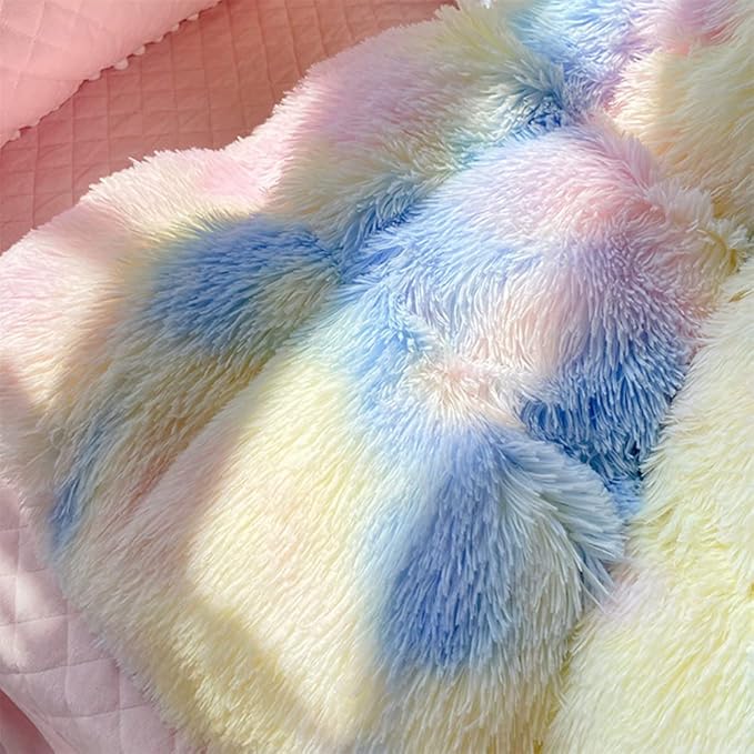 Faux Fur Kids Girls Sunshine Rainbow Comforter Sets Queen - 3PC Bed Set Warm Comfortable Soft Plush Flannel Velvet Fluffy Fuzzy Bedding（Comforter x 1 Pillowcases x 2） - LeafyLoom