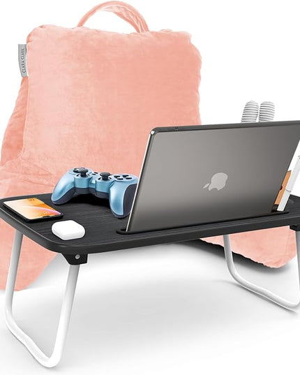 Clara Clark Reading Pillow with Portable Lap Desk Set for Kids, Back Pillow for Sitting Up in Bed, Memory Foam Back Support Pillow, Bed Rest Pillow with Foldable Laptop Desk, Small - Peach - LeafyLoom