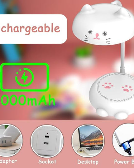 Cute Small Desk Lamp for Kids, Eye-caring Desk Light LED Reading Lamp, 3 Color Dimmable & 45min Timer, Battery Powered Cordless Lamp Rechargeable, Flexible Gooseneck Battery Operated Table Lamp, Cat - LeafyLoom