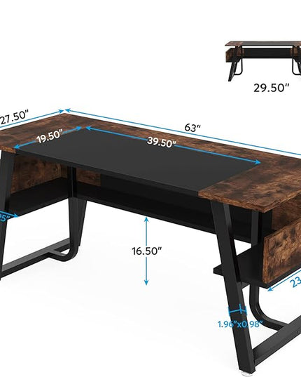 Tribesigns 63 inch Computer Desk Modern Office Desk with Shelf for Home Office, Large Writing Table Wood Business Workstation with Storage Shelves and Sturdy Metal Frame for Study Bedroom, Black Brown - LeafyLoom