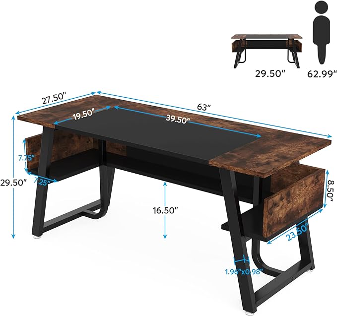 Tribesigns 63 inch Computer Desk Modern Office Desk with Shelf for Home Office, Large Writing Table Wood Business Workstation with Storage Shelves and Sturdy Metal Frame for Study Bedroom, Black Brown - LeafyLoom