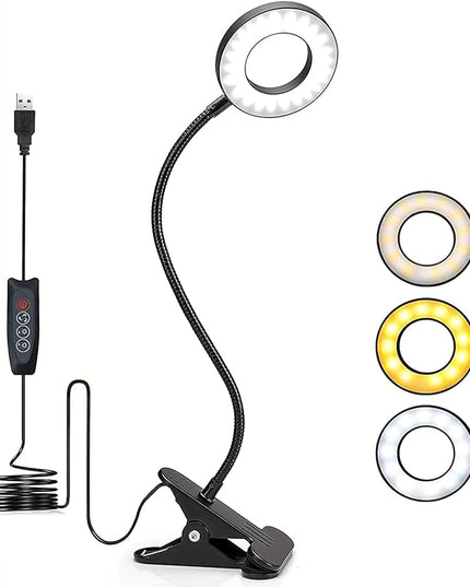 Foneso Desk Lamp Clip on Light, 48 LED USB Lamp with 3 Color Modes 10 Brightness Levels, 360° Flexible Gooseneck Eye Protection Bed Night Light for Reading, Makeup, Fill Light (Black) - LeafyLoom