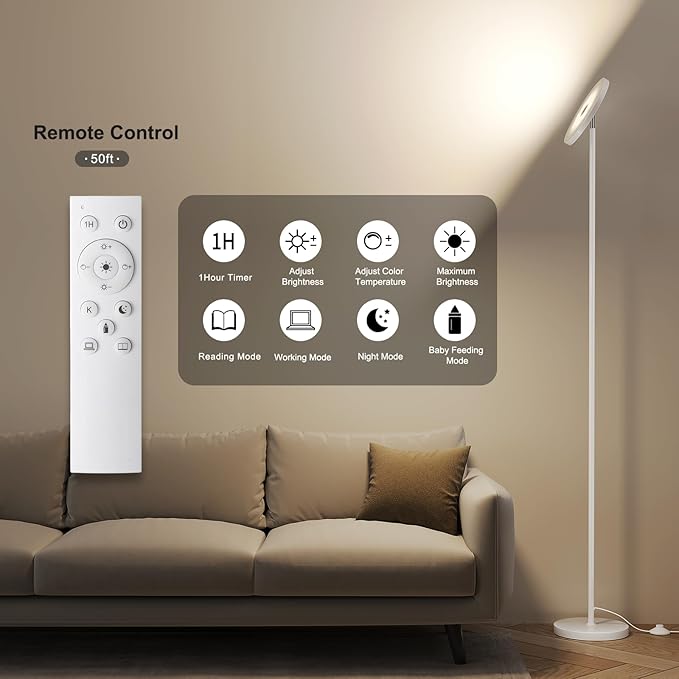 SUNMORY Floor Lamps for Living Room, 32W/3000LM Super Bright LED Floor Lamp with Remote Control, 69" Tall Standing Lamp with Stepless Dimmable, Modern Torchiere Corner Lamp for Bedroom, Office White - LeafyLoom