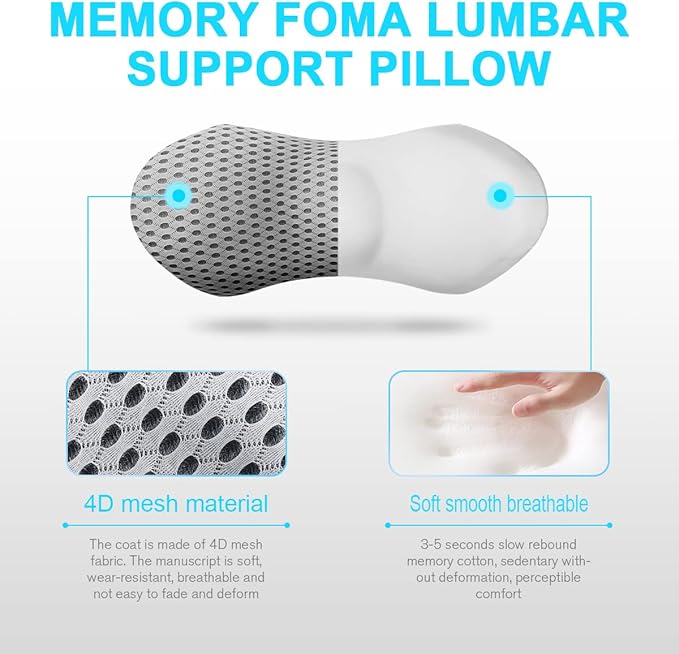 Lumbar Support Pillow - Memory Foam for Low Back Pain Relief, Ergonomic Streamline Car Seat, Office Chair, Recliner and Bed (Grey) - LeafyLoom