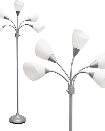 Simple Designs LF2006-SVW 67" Contemporary Multi Head Medusa 5 Light Adjustable Gooseneck Silver Floor Lamp with White Shades for Kids Bedroom Playroom Living Room Office - LeafyLoom