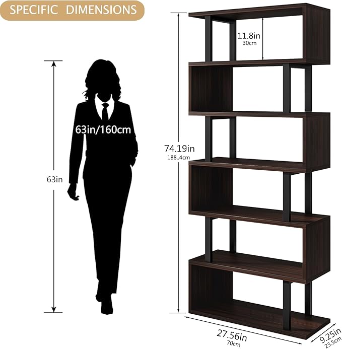 Bookshelf geometric bookcase S Shaped industrial bookshelf Storage Display Stand Shelf for Living Room Bedroom and office Room (Black, 6 Tier) - LeafyLoom
