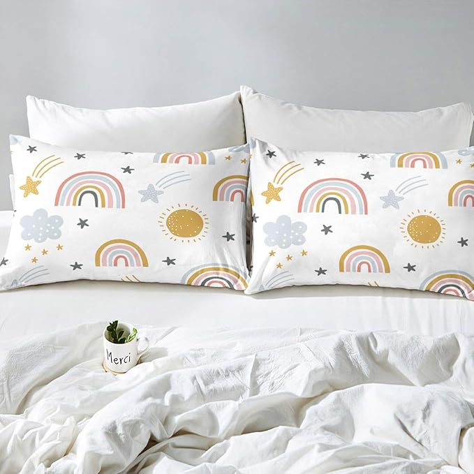 Erosebridal Girls Rainbow Bedding Set, Sun and Stars Comforter Set Twin Size for Kids Boys Children Cartoon Style Cloud Bedding Comforters Girly Soft Microfiber Duvet Insert for Bedroom Decor - LeafyLoom