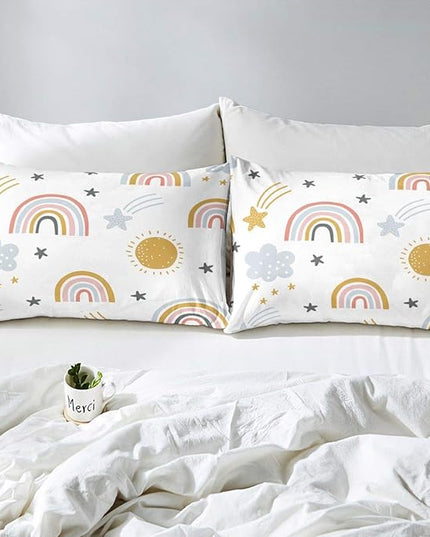 Erosebridal Girls Rainbow Bedding Set, Sun and Stars Comforter Set Queen Size for Kids Boys Children Cartoon Style Cloud Bedding Comforters Girly Soft Microfiber Duvet Insert for Bedroom Decor - LeafyLoom