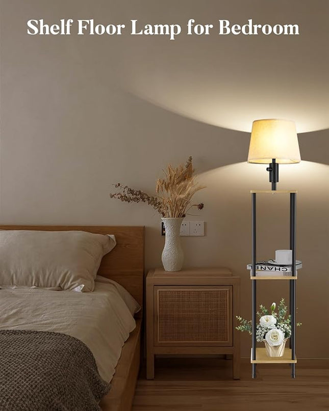 60IN Dimmable (Brightness Adjustable) Floor Lamp with Shelves, 3-Tier Corner Standing Lamp with Fabric Shade, E26 Bulb, Storage Shelf Tall Lamp for Living Room, Bedroom - LeafyLoom