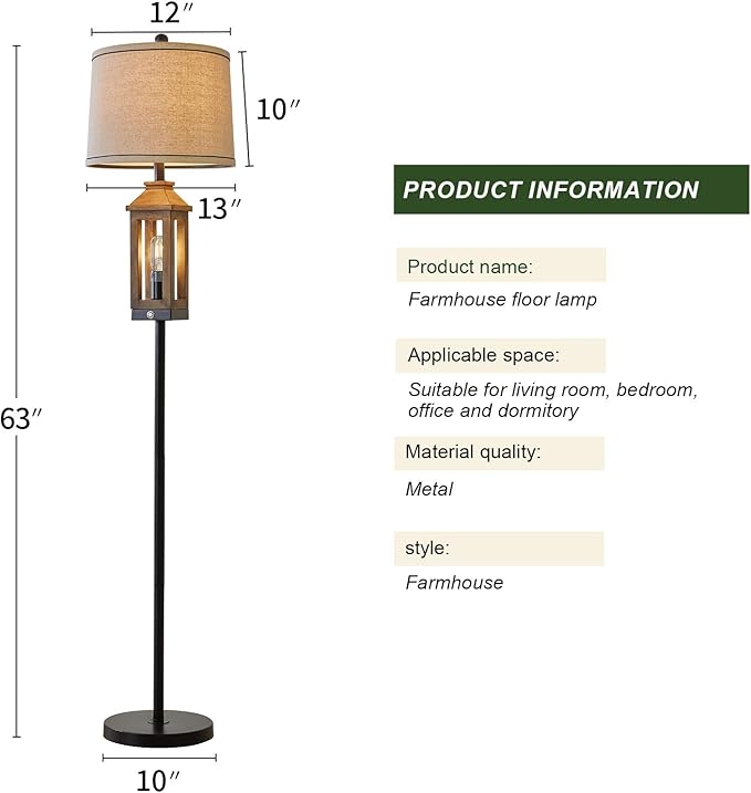63" Floor Lamps for Living Room Bedside Nightstand Lamp Black Tall Standing Lamp for Home Decor Bedroom Reading Lamp Farmhouse Rustic Bed Lights with 2 Light Sources - LeafyLoom
