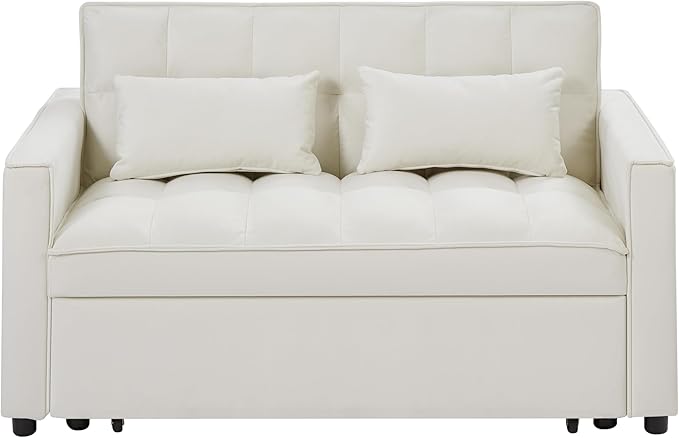 3 in 1 Convertible Loveseat Sleeper Sofa Bed,Modern Velvet Tufted Upholstered Love Seats Sofabed W/Pull Out Sleep Couch and 2 Pillows for Living Room, 55.21", Beige-1123 - LeafyLoom