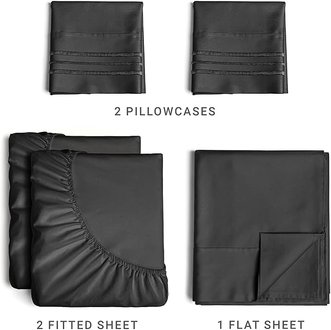 Split King Size 5 Piece Sheet Set - Comfy Breathable & Cooling Sheets - Hotel Luxury Bed Sheets for Women & Men - Deep Pockets, Easy-Fit, Soft & Wrinkle Free Sheets - Black Oeko-Tex Bed Sheet Set - LeafyLoom