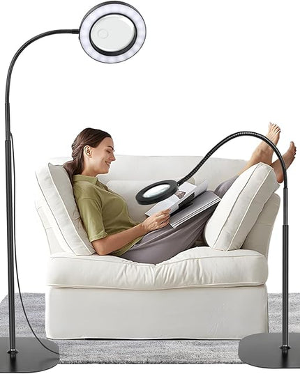 5X 10X Magnifying Glass with Light and Stand, 2-in-1Magnifying Floor Lamp with 36 Adjustable Brightness LED, Flexible Gooseneck Floor Standing Magnifying Lamp for Close Work, Craft, Reading - LeafyLoom