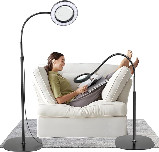 5X 10X Magnifying Glass with Light and Stand, 2-in-1Magnifying Floor Lamp with 36 Adjustable Brightness LED, Flexible Gooseneck Floor Standing Magnifying Lamp for Close Work, Craft, Reading - LeafyLoom