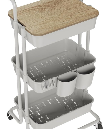 DTK 3 Tier Rolling Utility Cart with Cover Top Board, Movable Kitchen Storage Cart Trolley with Lockable Wheels, Cups, Hooks for Kitchen Bathroom Home Office Art Craft Storage and Organization(Grey) - LeafyLoom