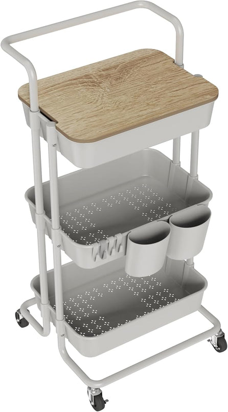 DTK 3 Tier Rolling Utility Cart with Cover Top Board, Movable Kitchen Storage Cart Trolley with Lockable Wheels, Cups, Hooks for Kitchen Bathroom Home Office Art Craft Storage and Organization(Grey) - LeafyLoom