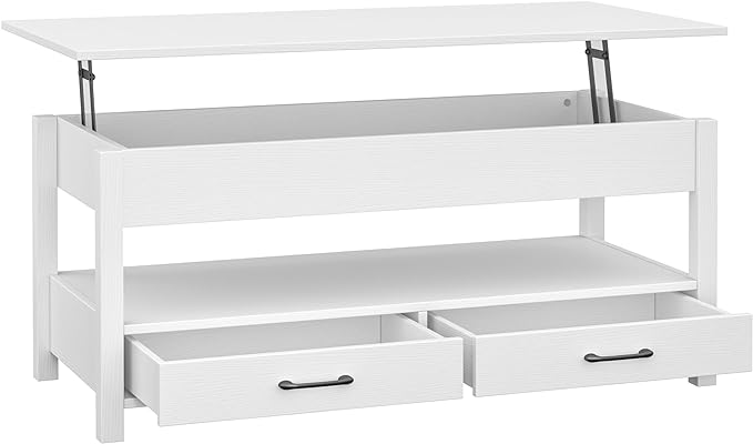 Panana Coffee Table, Lift Top Coffee Table with Hidden Compartment, 2 Drawers and 1 Open Shelf, Retro Central Wooden Table Lift Tabletop for Living Room (White) - LeafyLoom