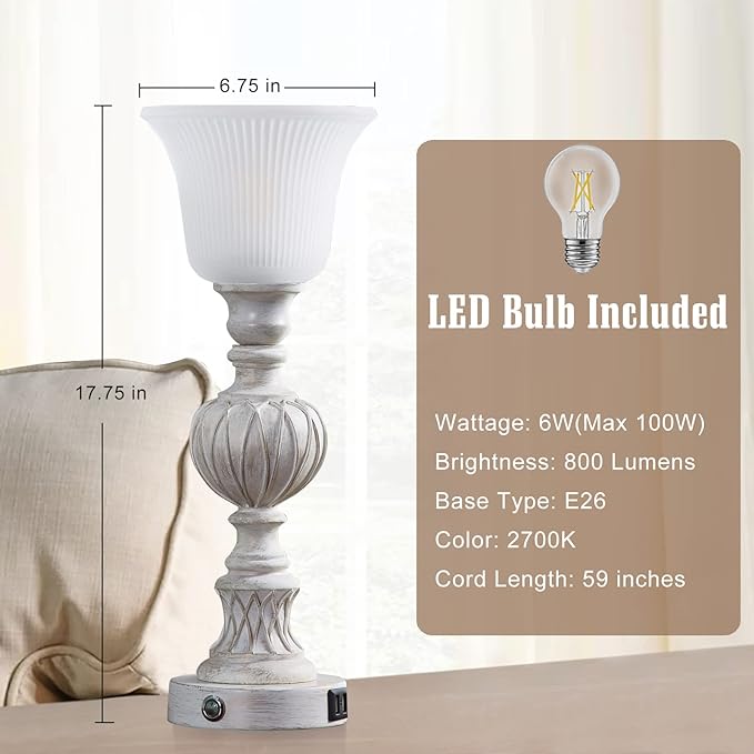 Luvkczc Touch Lamps for Living Room Set of 2, 3-Way Bedside Lamps with Glass Lampshade for Bedroom Living Room Farmhouse Office, Rustic Resin Classic Table Lamps Washed White - LeafyLoom