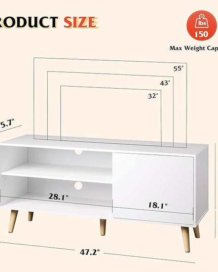 WLIVE Mid-Century Modern TV Stand for 55" TV, Entertainment Center with Storage, Open Shelves TV Console for Living Room and Bedroom, White - LeafyLoom